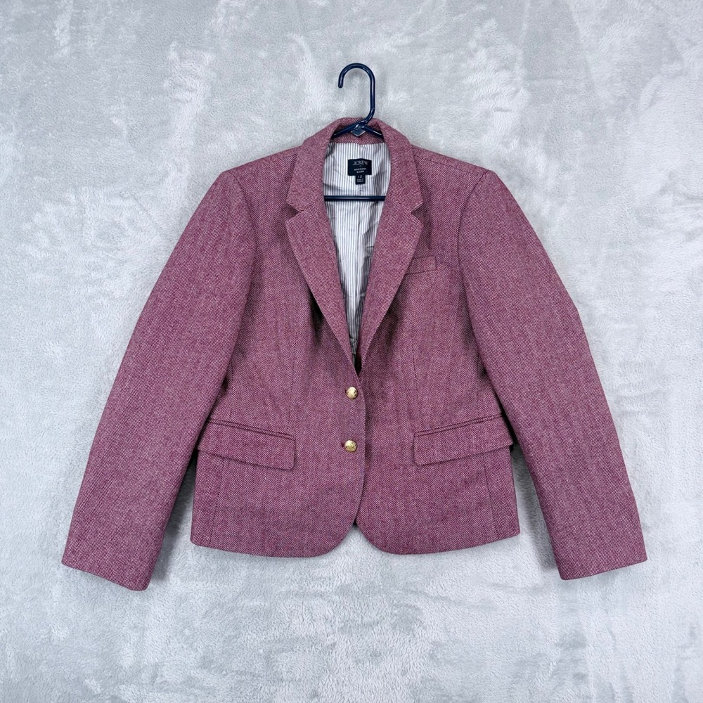 J.Crew Schoolboy Blazer Women 12 Dark Pink Herringbone Wool Blend Gold Buttons - Picture 2 of 9
